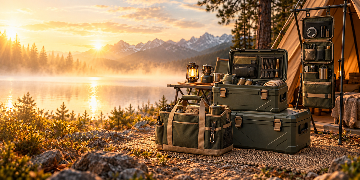 Organized camping storage beside a mountain lake at sunset