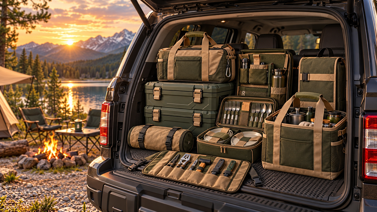 Camping organizers arranged inside an open vehicle trunk