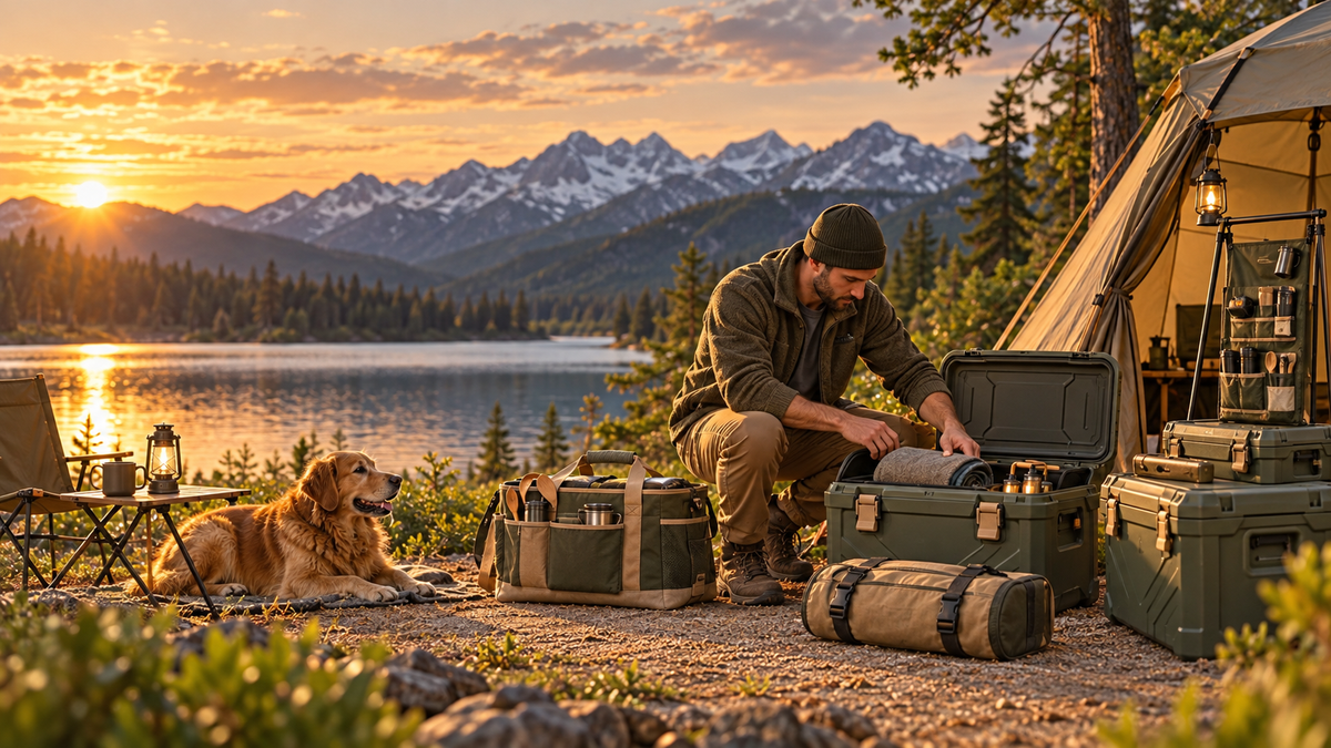 Camper arranging outdoor storage gear beside a tent